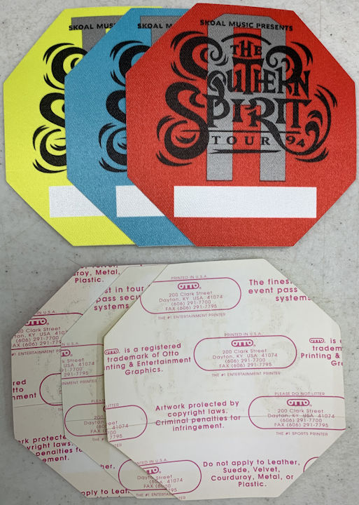 ##MUSICBP1335  - Set of 3 1994 Bubbapalooza OTTO Cloth Backstage Pass from the Southern Spirit Tour