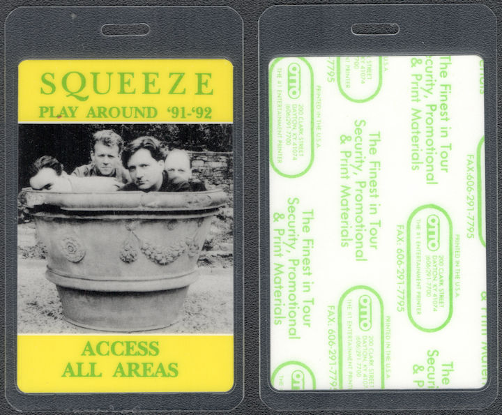 ##MUSICBP1424 - Squeeze Laminated OTTO All Areas Access Pass for the 1991-92 Play Around Tour