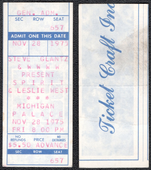 ##MUSICBPT0049 - 1975 Spirit and Leslie West (Mountain) Ticket from the Michigan Palace