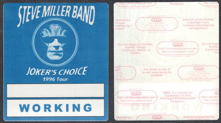 ##MUSICBP1056 - Steve Miller Band Cloth OTTO Working Pass for the 1996 Joker's Choice Tour