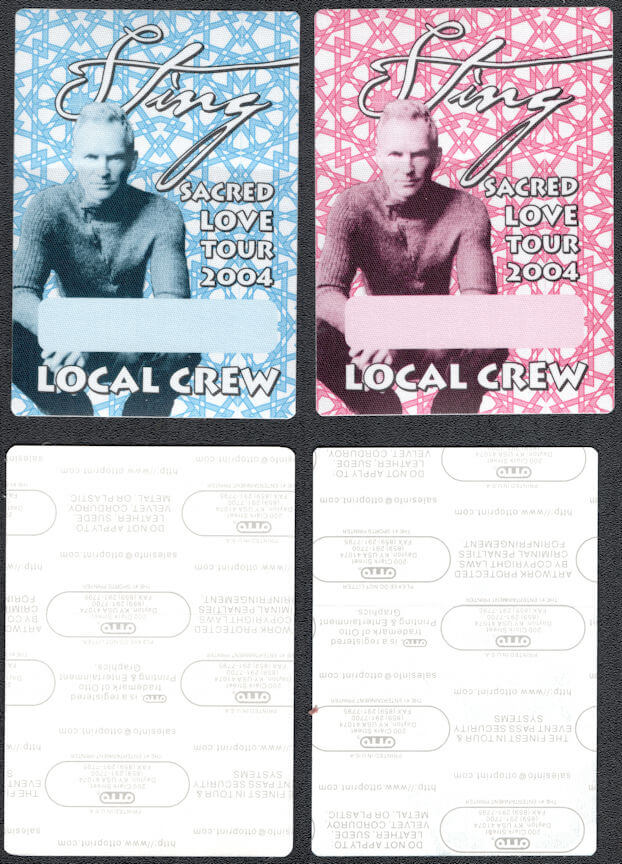 ##MUSICBP1070 - Pair of 2004 Sting OTTO Cloth Local Crew Passes from the Sacred Love Tour