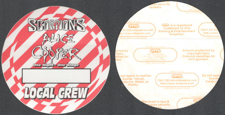 ##MUSICBP1435 - Scorpions and Alice Cooper Cloth OTTO Local Crew Pass from the 1996 One Night-One Stage Tour