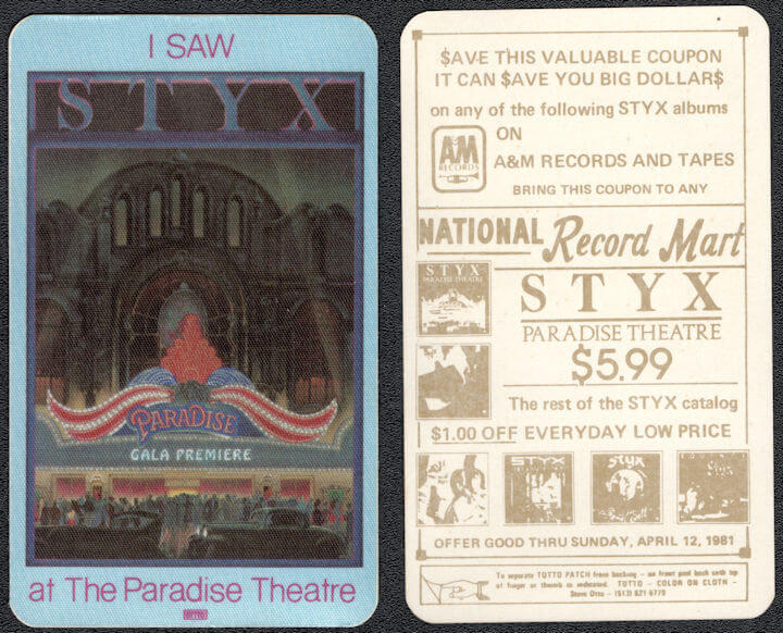 ##MUSICBP1076 - Styx OTTO Cloth Backstage Pass from 1981 Paradise Theatre Tour