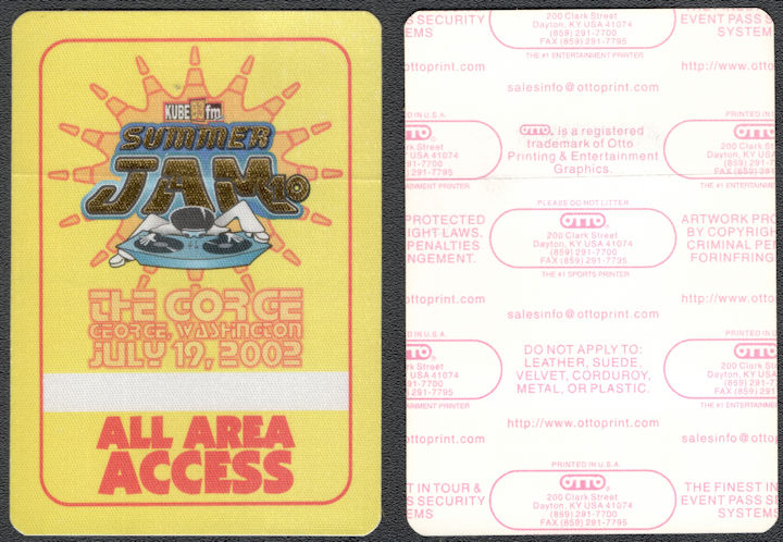 ##MUSICBP1327  - 2002 Summer Jam  OTTO Cloth All Area Pass Concert at The Gorge in George Washington