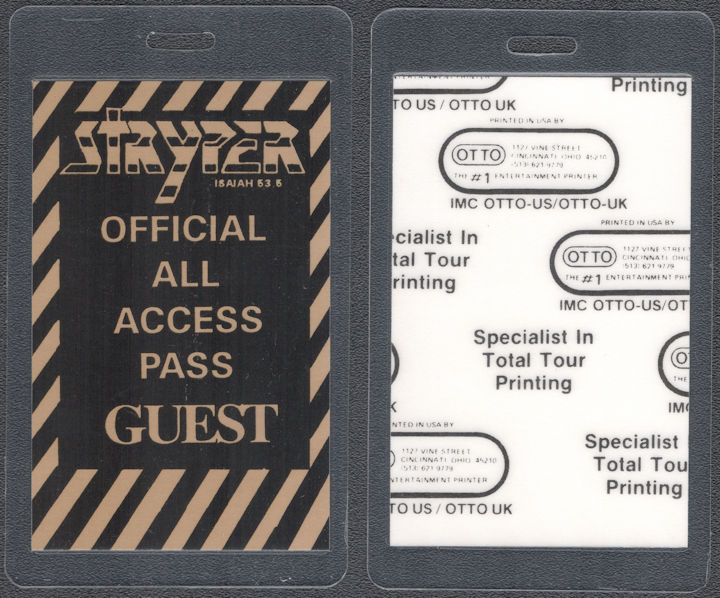 ##MUSICBP0483 - Stryper Laminated OTTO Guest Pass from the 1987 To Hell with the Devil Tour