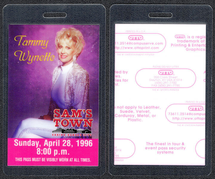 ##MUSICBP1072 - Tammy Wynette OTTO Laminated Backstage Pass from the 1996 show at Sam's Town Casino in Kansas City