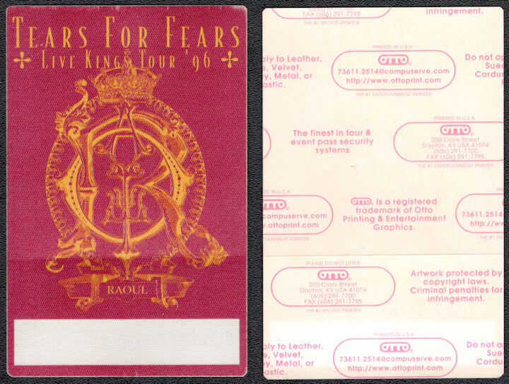 ##MUSICBP1075 - Tears for Fears OTTO Cloth Backstage Pass from 1996 Live Kings Tour