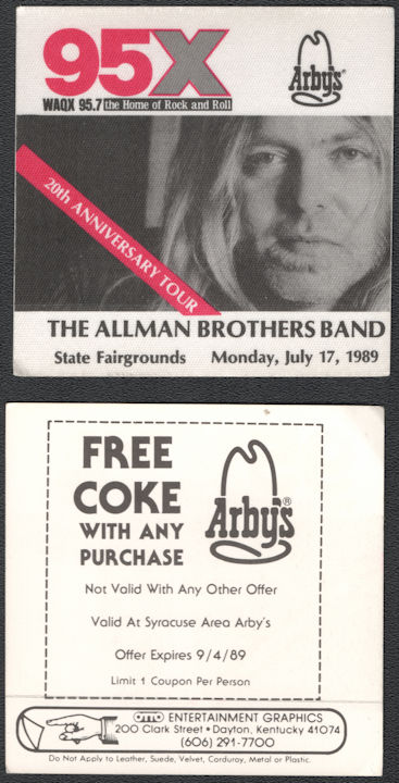 ##MUSICBP0938  - The Allman Brothers Band Radio Event Pass from the 1989 20th Anniversary Tour