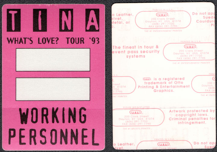 ##MUSICBP1083 - Tina Turner OTTO Cloth Working Personnel Pass from the 1993 What's Love? Tour