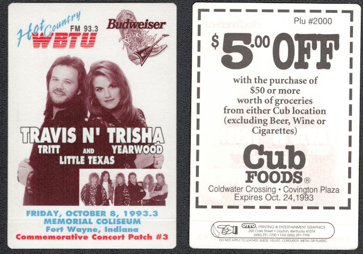 ##MUSICBP1086 - Travis Tritt and Trisha Yearwood  OTTO Cloth Radio Pass from a Concert at Memorial Coliseum in 1993