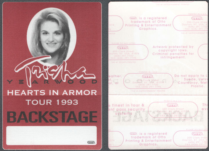 ##MUSICBP2076 - Tricia Yearwood OTTO Cloth Backstage Pass from the 1993 Hearts In Armor Tour