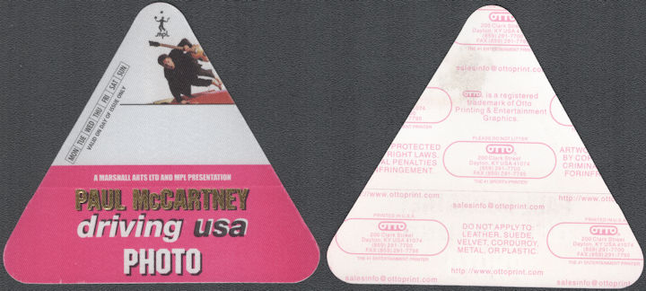 ##MUSICBP2023 - Triangular Paul McCartney Cloth Otto Backstage Pass from the 2002 Driving USA Tour