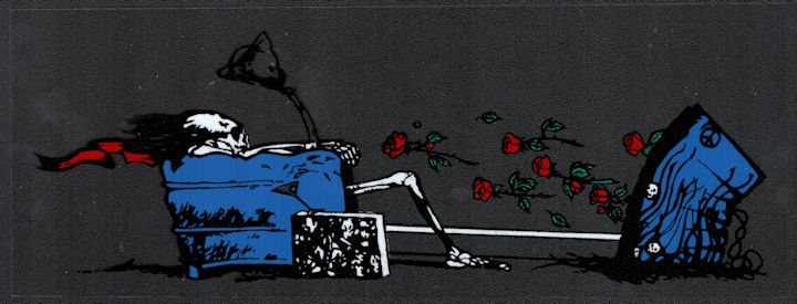 ##MUSICGD2056 - Grateful Dead Car Window Tour Sticker/Decal - Skeleton Watching T.V. with Roses Flying Out of it
