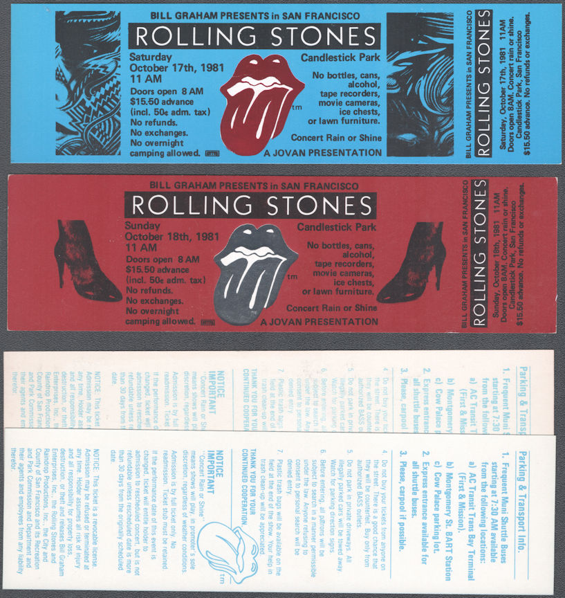 ##MUSICBPT0060 - Pair of Rolling Stones Ticket for the Concert at Candlestick Park on Oct 18th 1981