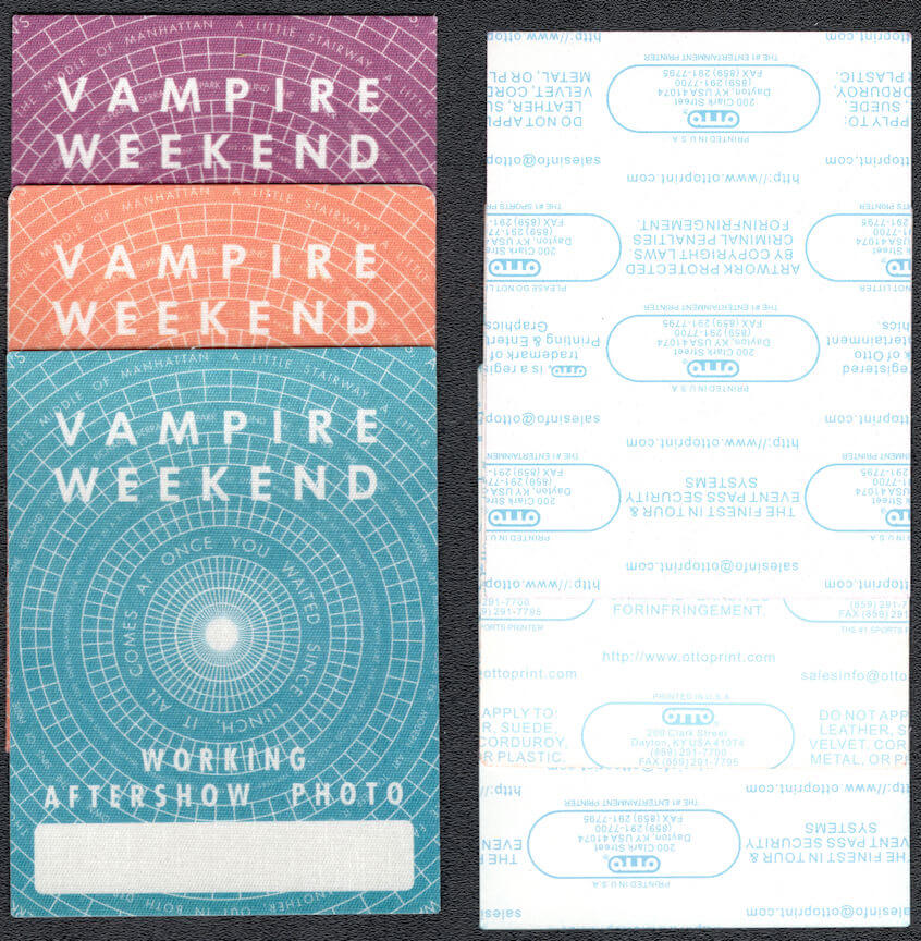 ##MUSICBP1106 - Set of 3 Vampire Weekend OTTO Working, After Show, Photo Pass from the 2010 Contra Tour