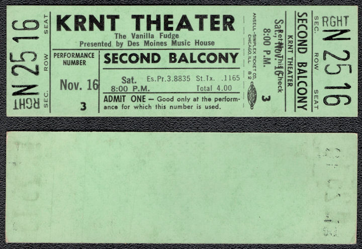 ##MUSICBPT0046 - 1968 Vanilla Fudge Ticket from the KRNT Theater