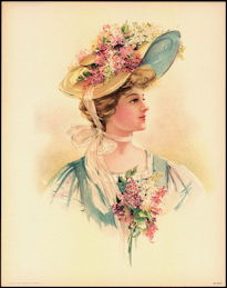 #MS164 - 1908 Victorian Print - Lady in Yellow Hat with Hyacinths