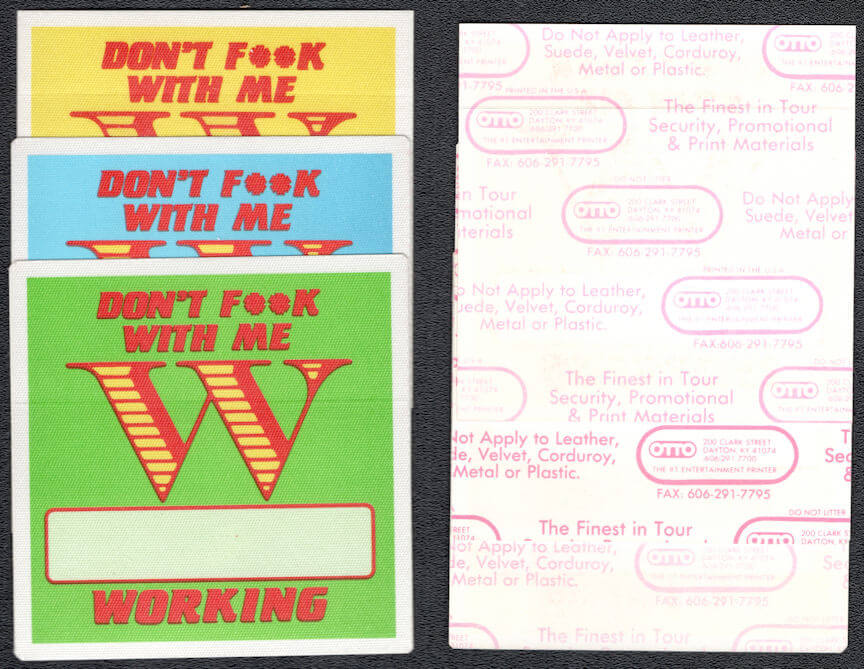 ##MUSICBP1104 - Set of 3 Different Colored Warrant OTTO Cloth Working Pass from the 1990 Cherry Pie Tour