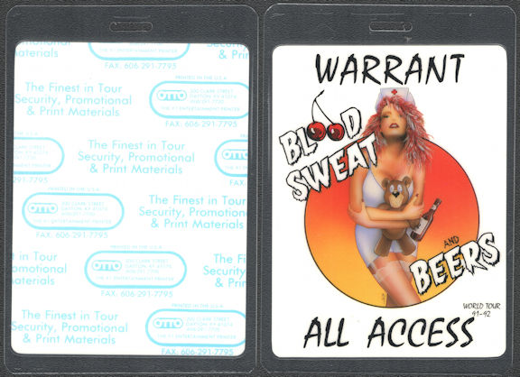 ##MUSICBP0753 - WARRANT Laminated All Accesss OTTO Backstage Pass from the 1991/92 Blood Sweat and Beers Tour