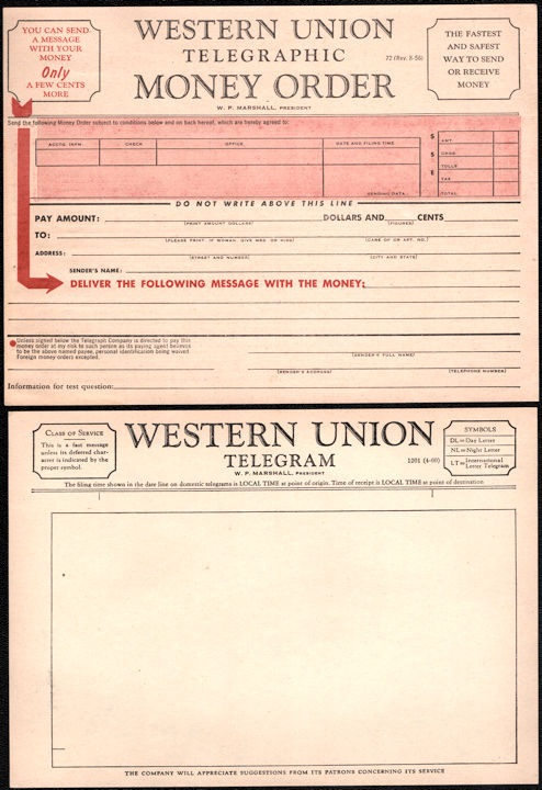 Western Union Telegraphic Money Order and Telegram Sheets