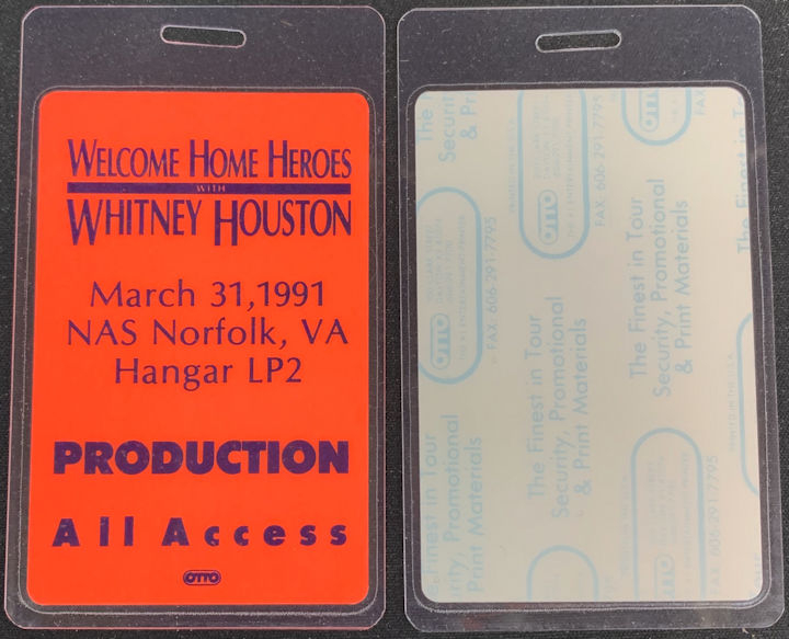 ##MUSICBP1782 - Super Rare Whitney Houston OTTO Laminated All Access Pass from the 1991 TV Special Concert
