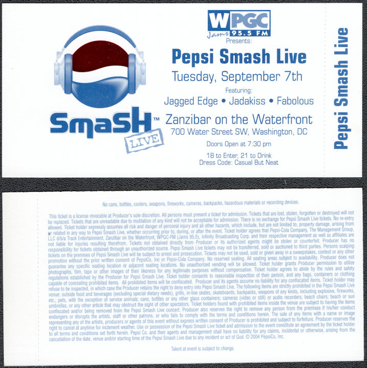 ##MUSICBPT0059 - 2004 Pepsi Smash Live OTTO Ticket for Jagged Edge, Jadakiss, and Fabolous