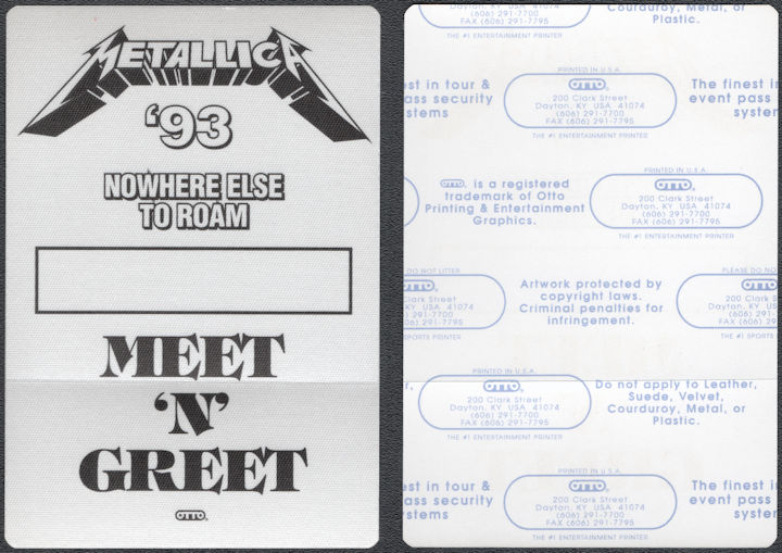 ##MUSICBP1988 - Metallica OTTO Cloth Meet N' Greet Pass for the 1993 Nowhere Else to Roam Tour