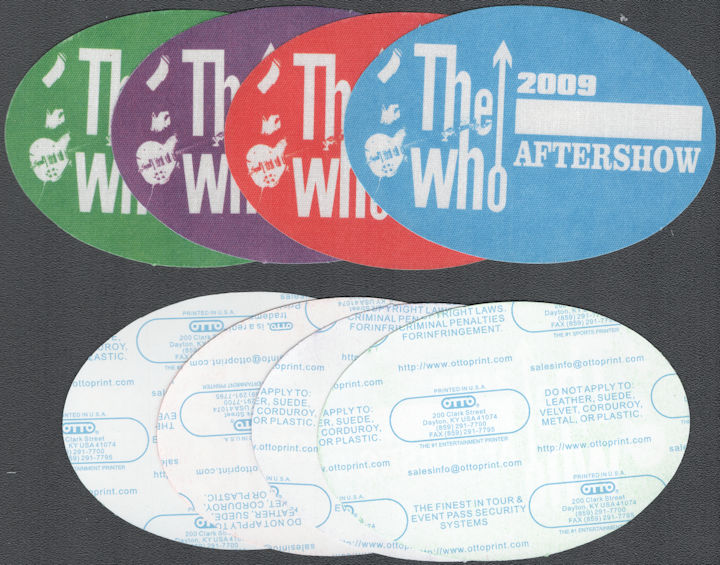 ##MUSICBP2014 - Set of Four Different 2009 The Who Cloth OTTO Backstage Passes from the "2009 Tour"