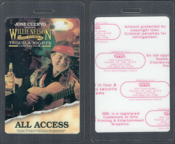 ##MUSICBP1939  - Willie Nelson OTTO Laminated All Access Pass from the 1992 Tequila Nights Concert Tour