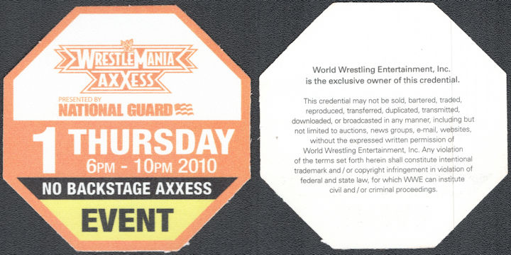 ##MUSICBP1777 - WrestleMania 26 Axxess OTTO Cloth Backstage Pass (WWE) - 2010