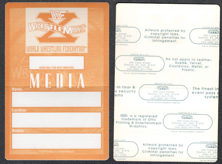 ##MUSICBP1191 - Cloth OTTO Media Pass for the 1994 World Wrestling Federation (WWF) Wrestle Mania