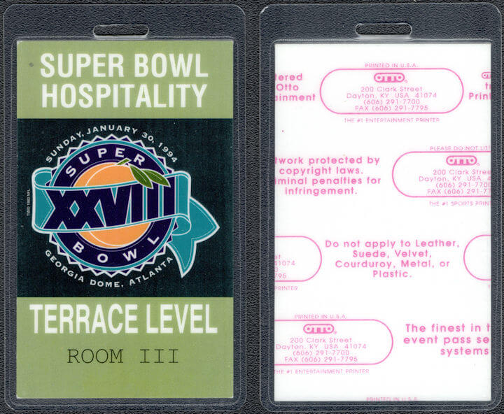 ##MUSICBP1784  - Super Bowl XXVIII (28) OTTO Laminated Terrace Level Pass - January 30, 1994 Atlanta, Georgia