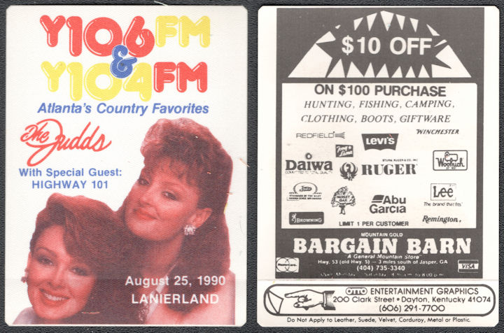 ##MUSICBP1347  - The Judds Cloth OTTO Radio Pass from the 1990 Concert at Lanierland - Naomi Judd