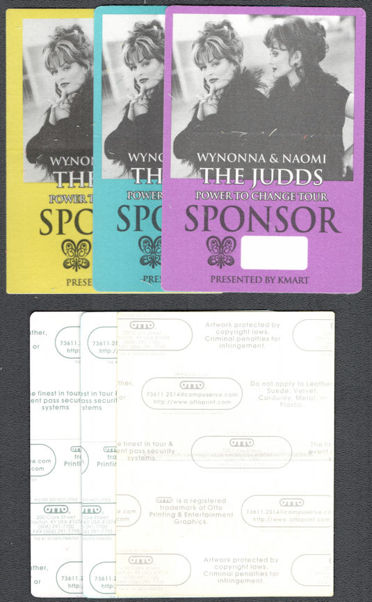 ##MUSICBP1346  - Set of 3 The Judds Cloth OTTO Sponsor passes from the 2000 Power to Change Tour - Naomi Judd