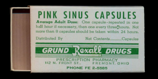 #CS517 - Pink Sinus Capsule Slide Drawer Box from the Rexall Drugstore in Fremont, Ohio